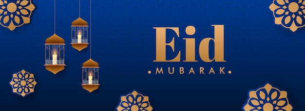 Vector eid mubarak banner or header design with lit lanterns hanging on blue islamic pattern background