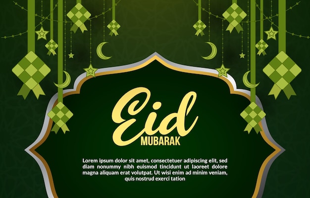 Eid mubarak banner illustratie met mooi glanzend islamitisch ornament en abstract gradiënt donkergroen ontwerp als achtergrond