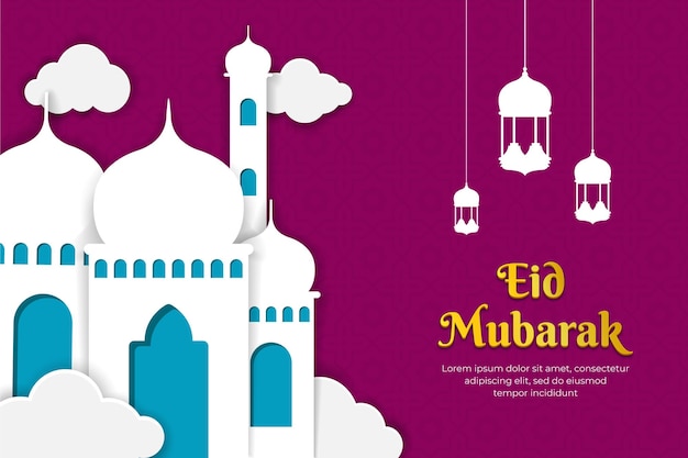 Eid mubarak banner met moskee eid alfitr met paarse kleur