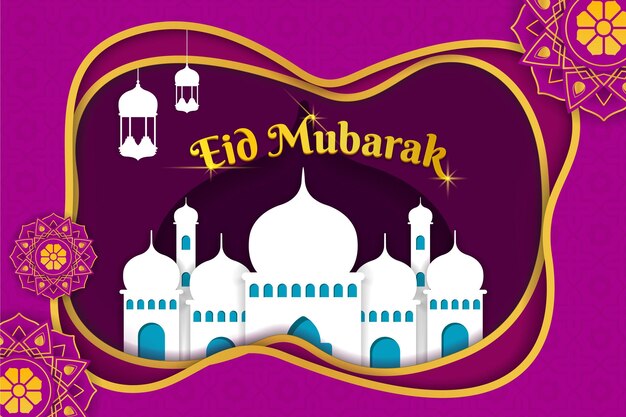 Vector eid mubarak banner met moskee eid alfitr met paarse kleur