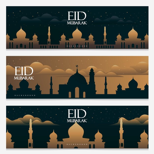 벡터 골든 모스크와 녹색 배경으로 설정된 eid mubarak 배너 템플릿 디자인