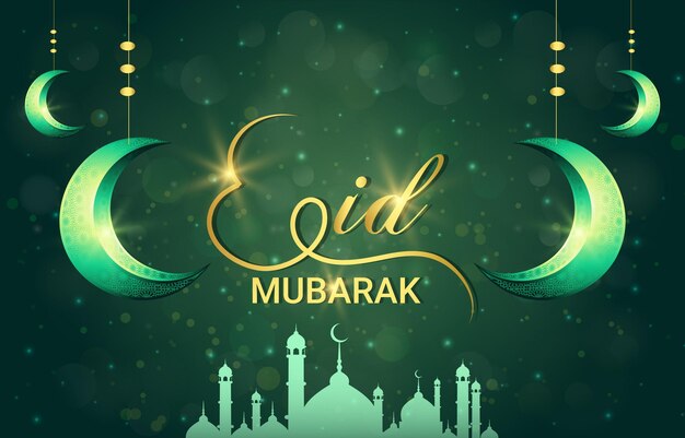 Eid mubarak banner with beautiful shiny islamic ornament and abstract gradient green background design