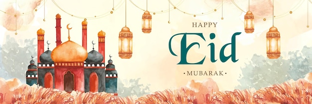 Eid Mubarak Banner with hand painting of beautiful mosque and lantern background