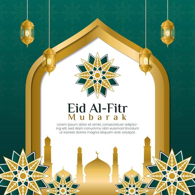 Eid mubarak banner with mosque and lantern in paper cut style