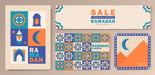 eid mubarak banners collection with islamic pattern mosque arch crescent moon lanterns and arabesque
