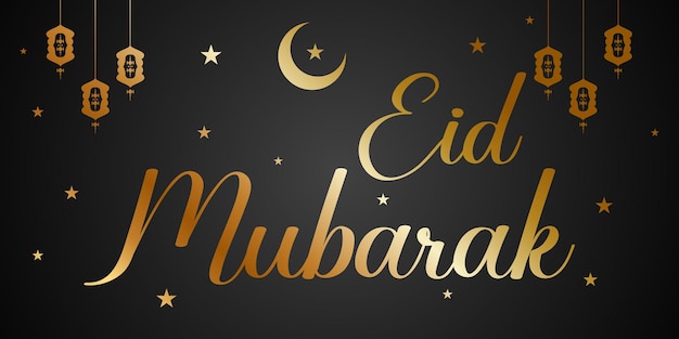 Eid Mubarak belettering met gouden maand en sterren Gefeliciteerd vector typografisch ontwerp op zwarte achtergrond vector eps 10