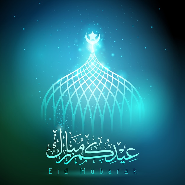 Eid mubarak blu bagliore di luce moschea cupola islamica mezzaluna e stella