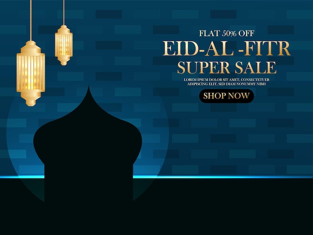 Eid Mubarak blue greeting card or sale banner poster and web header design vector illustration