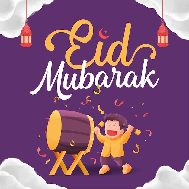 Calligrafia di eid mubarak con il bambino musulmano che suona il tamburo o l'illustrazione di bedug