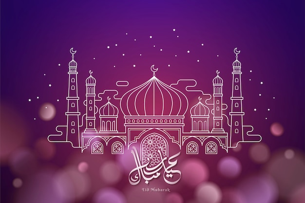 Каллиграфия ид мубарак с мечетью в стиле тонкой линии на блестящем фиолетовом фоне боке