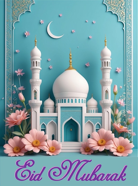 Eid Mubarak card mosque and flowers pastel colors