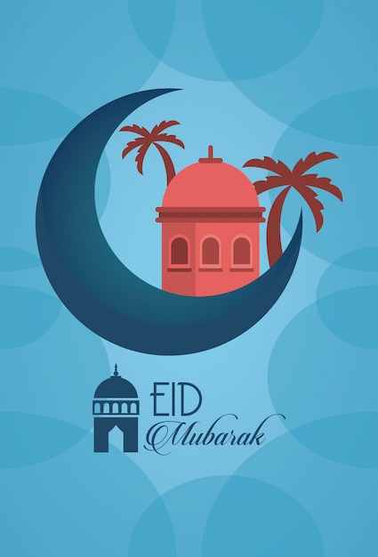 Eid mubarak celebration card with mosque cupule and moon vector illustration design