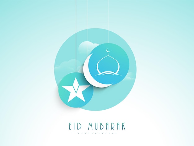 Vector eid mubarak celebration concept met crescent moon star moskee hangen op glanzende lichtblauwe achtergrond
