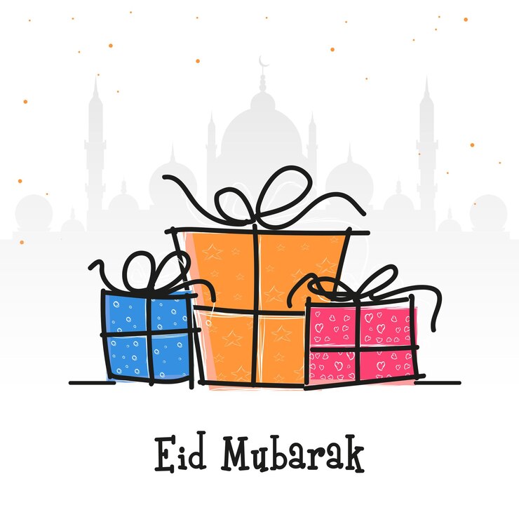 Eid Mubarak Celebration Concept With Creative Gift Boxes On White Silhouette Mosque Background