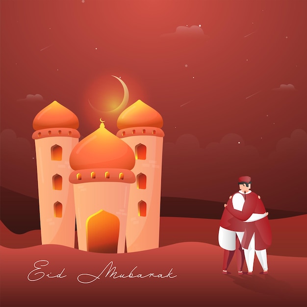 Eid mubarak celebration concept with islamic men hugging each other and glossy mosque illustration on red background