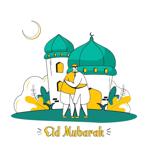 Vettore concetto di celebrazione di eid mubarak con uomini islamici che si abbracciano e illustrazione della moschea su sfondo bianco