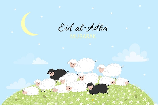 벡터 이슬람 공동체 축제 eid al adha의 eid mubarak 축하 푸른 하늘 배경 벡터 이슬람 휴일 eid ul adha에 ramwhite와 검은색 양초승달 구름을 희생하는 인사말 카드