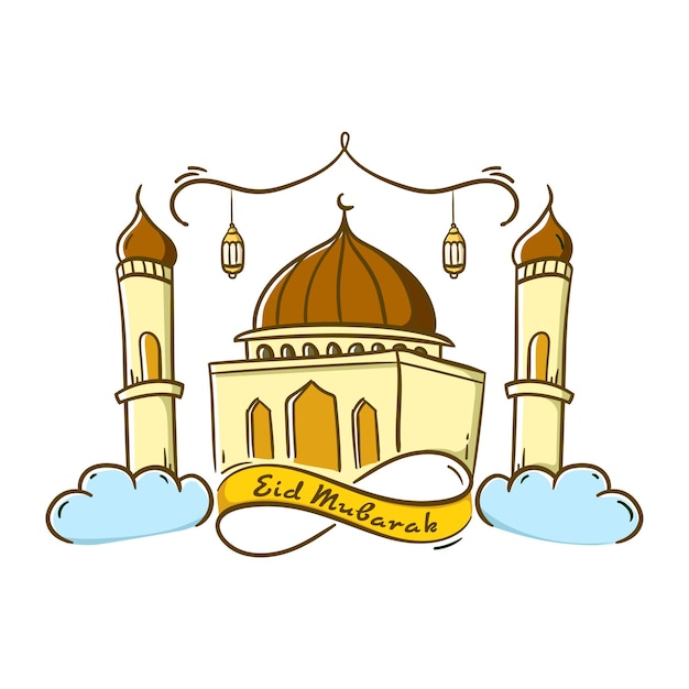 Celebrazione di eid mubarak con decorazione a nastro e illustrazione di design in stile doodle moschea