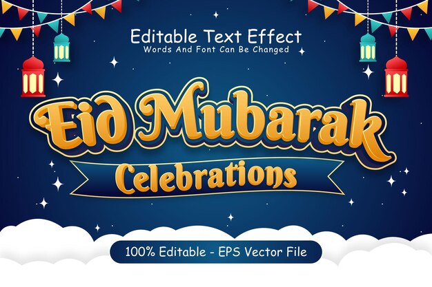 Eid Mubarak Celebrations Editable Text Effect 3 Dimension Emboss Cartoon Style