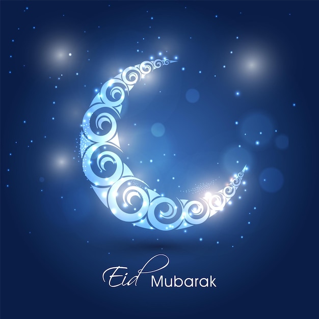 Eid mubarak concept con swirl crescent moon e luci effetto su sfondo blu
