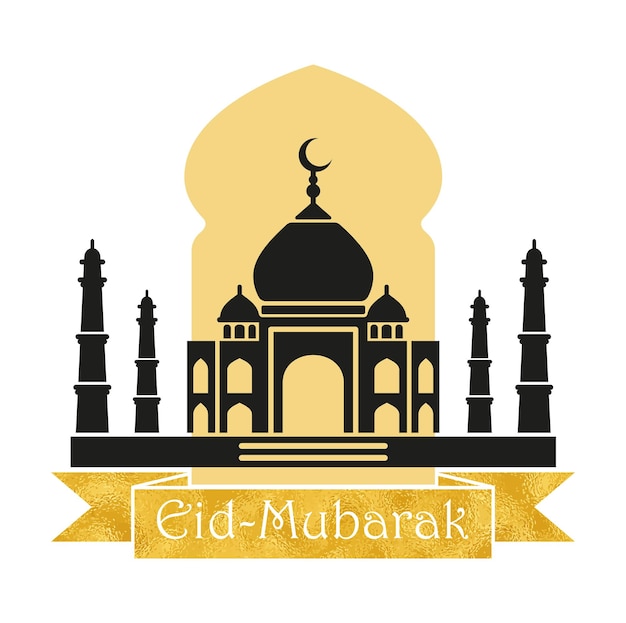 Eid mubarak design met een moskee en gouden inscriptie