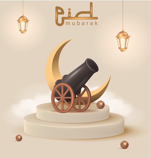 Eid mubarak design poster met 3d realistische kanon vectorillustratie.