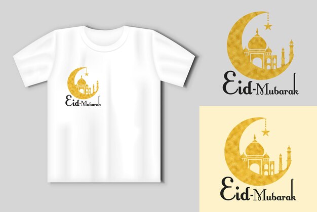 Eid mubarak design with a golden mosque and an inscription