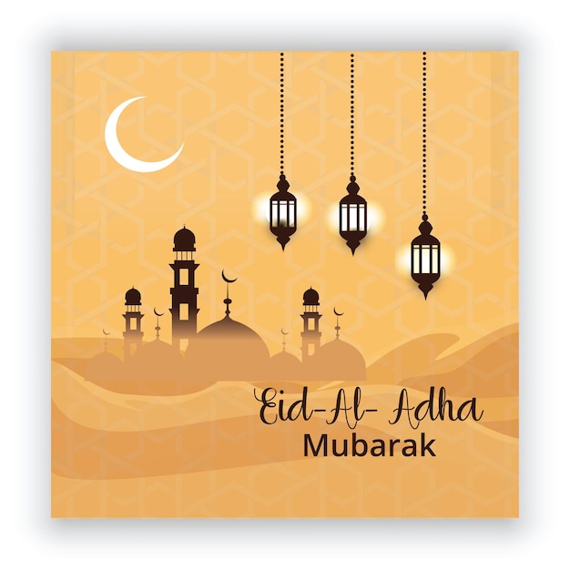 Design eid mubarak con bellissimo sfondo della moschea lanteran moon vettore premium