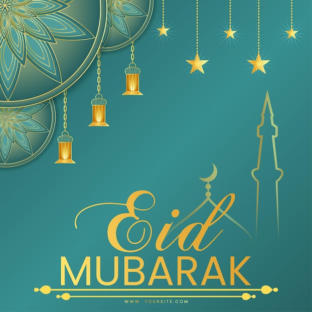 Eid mubarak die ontwerp met lamp en sterren wensen met vectordossier van het mandalaontwerp