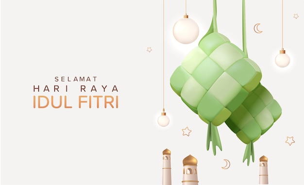 Eid Mubarak-display met hangende Ketupat en lampen Eid Al Fitr-ontwerp met 3D-realistisch
