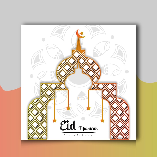 Eid mubarak eid al adha mubarak social media postsjabloon met kleurrijke decoratie en moskee