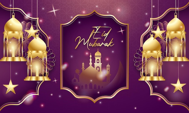 Eid Mubarak elegante luxe decoratieve achtergrond met islamitisch patroon en decoratieve lantaarns