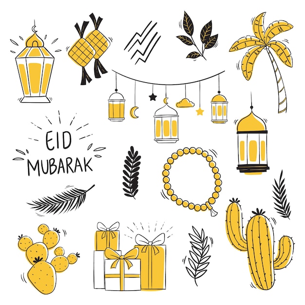 EID mubarak-elementen met doodle-stijl