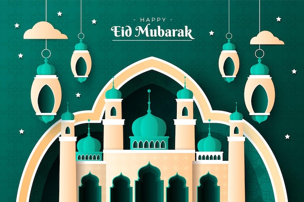 Eid mubarak feest achtergrond met een papieren stijl