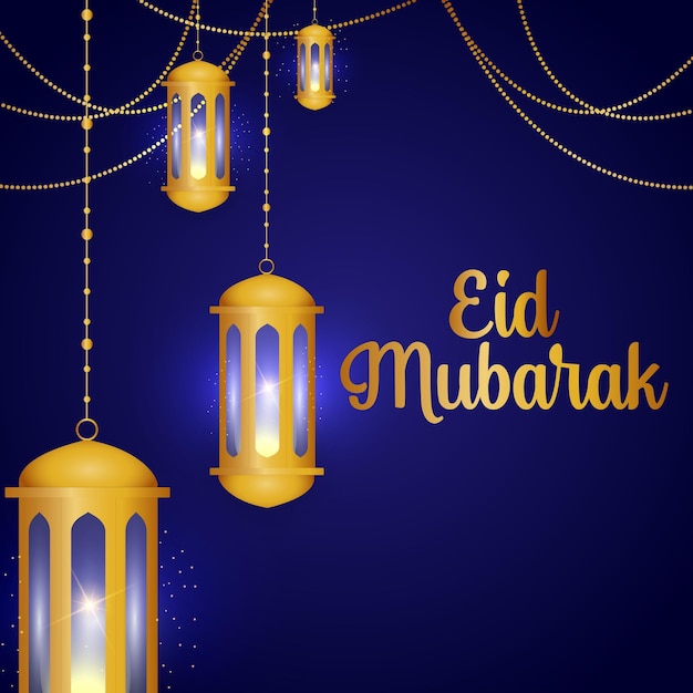 Eid Mubarak Festival Decorative Image with Lamps in Blue Background