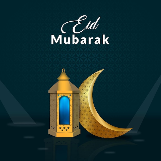 Eid Mubarak festival greeting with lamps and Islamic Architecture Premium Vector