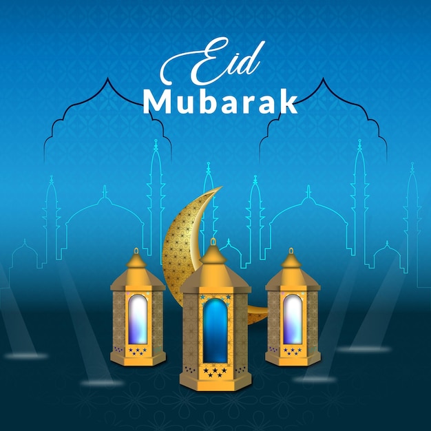 Eid Mubarak-festivalgroet met lampen en islamitische architectuur Premium Vector