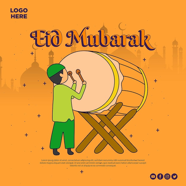 Eid Mubarak Flyer instagram square feed template greeting with illustration islamic