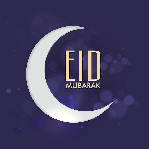 Eid mubarak font with crescent moon on blue bokeh background