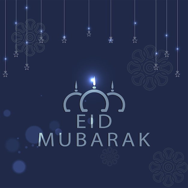 모스크 돔 선형 별이 있는 Eid Mubarak 글꼴은 푸른 조명 효과 배경에 매달려 있습니다.