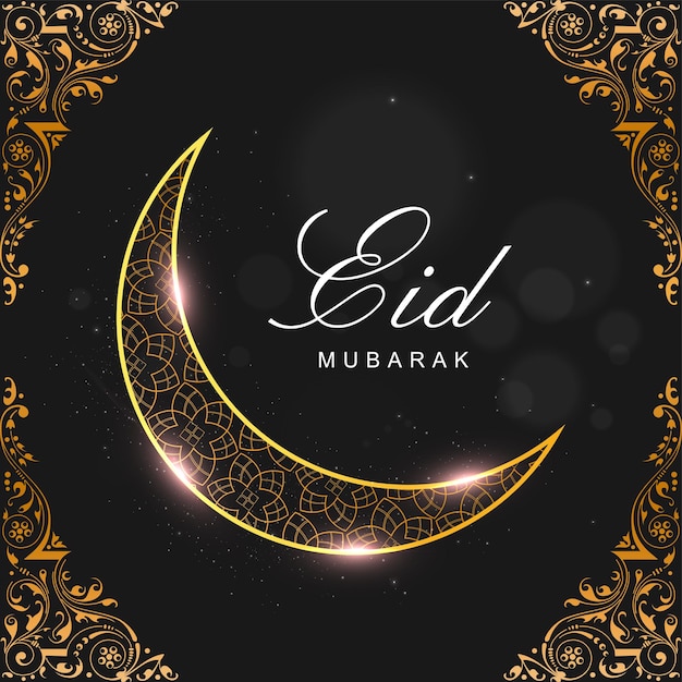 Eid mubarak font con ornamento lucido crescent moon e motivi angoli su sfondo effetto luci nere