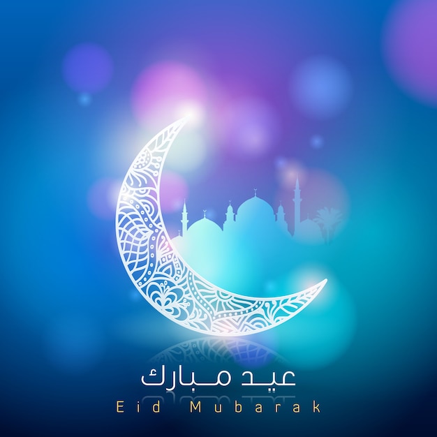 Eid mubarak glow floral background crescent e silhouette moschea