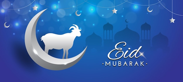 An eid mubarak and a goat on a moon with a blue background