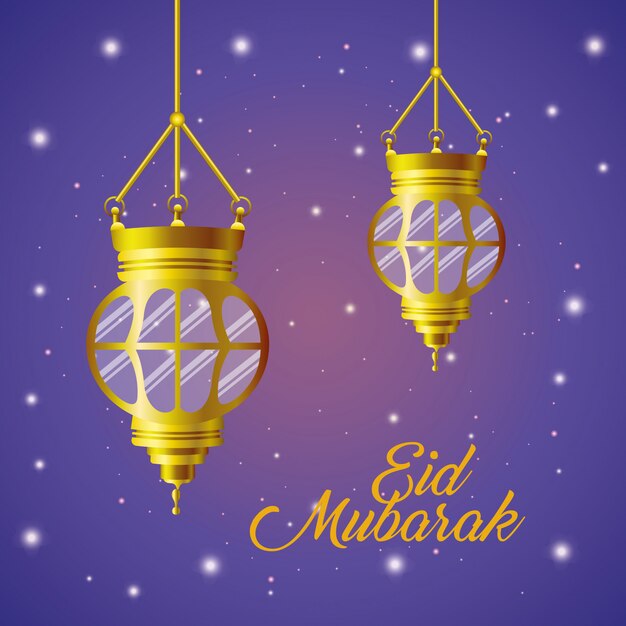 Lanterne dorate eid mubarak con stelle brillanti