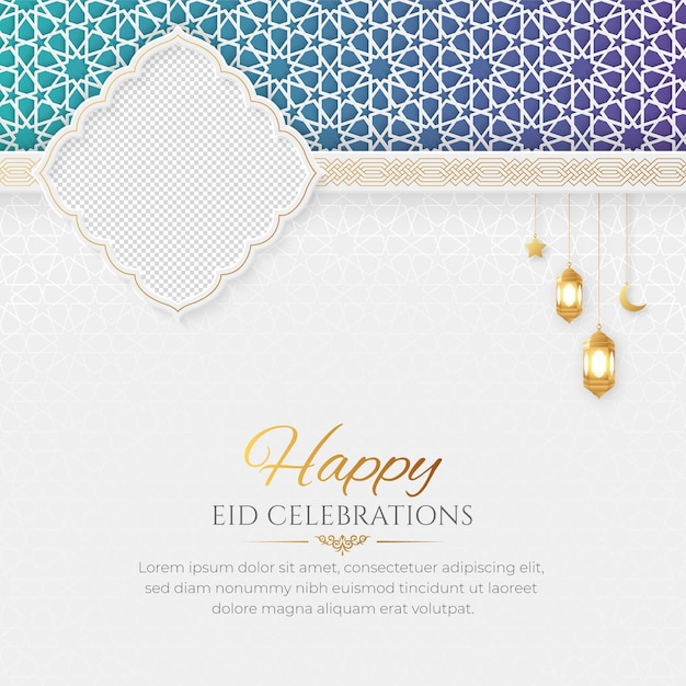Eid Mubarak Golden Luxury Islamic Social Media Post with Arabic Style Pattern and Photo Frame
