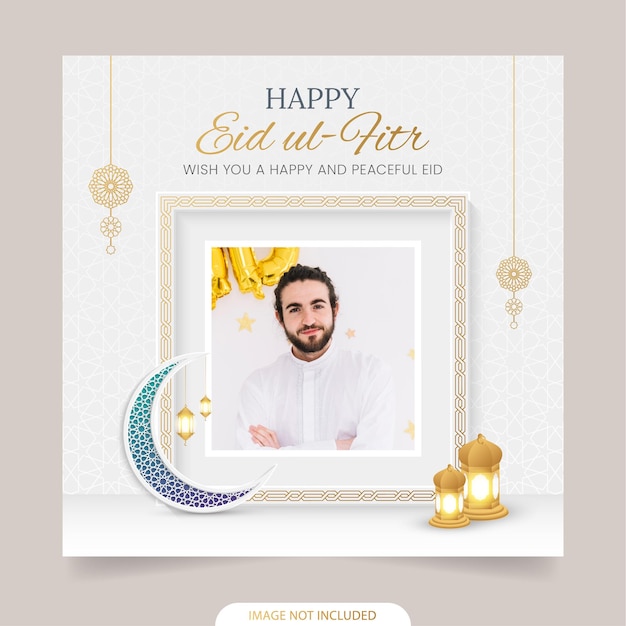 Eid Mubarak Golden Luxury Islamic Social Media Post with Arabic Style Pattern and Photo Frame