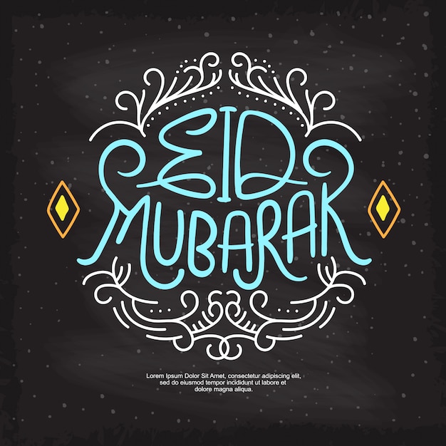 Vector eid mubarak greeting beautiful lettering hand drawing on the chalk board background