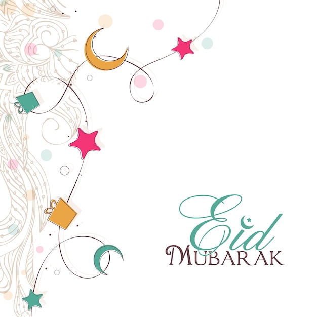 Поздравительная открытка Ид Мубарак, украшенная плоскими полумесяцами, звездами, подарочными коробками и Пейсли на белом фоне