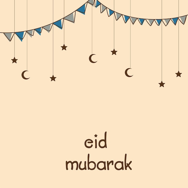 매달려 별 초승달과 복숭아 배경에 깃발 천 플래그로 장식 된 Eid Mubarak 인사말 카드