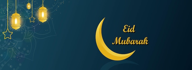 Eid Mubarak greeting card design Eid alFitr illustration with moon and elements blue color Ramadan